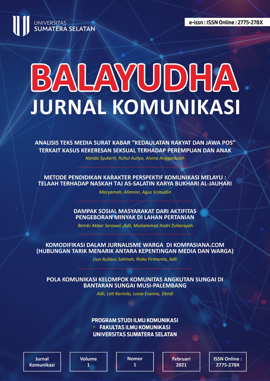 Jurnal Ilmu Komunikasi Balayudha merupakan jurnal yang mengkaji tentang fenomena ilmu komunikasi yang terjadi. Jurnal ini terbitan edisi ke dua diisi oleh para pengajar Universitas Sumatera Selatan, Universitas Islam Indonesia (UII) Jogjyakarta dan Universitas Muhamadiyah Kota Bumi. Pada edisi ini terdapat 5 artikel.