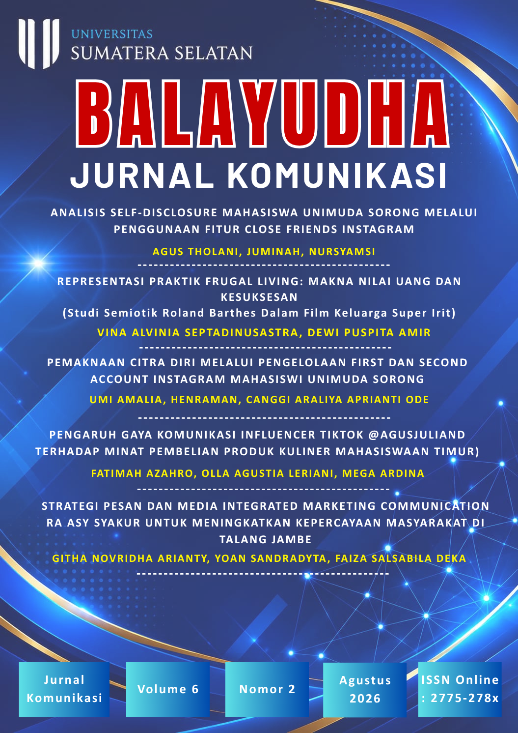 					View Vol. 6 No. 2 (2026): JIKOBA (JURNAL ILMU KOMUNIKASI BALAYUDHA)
				